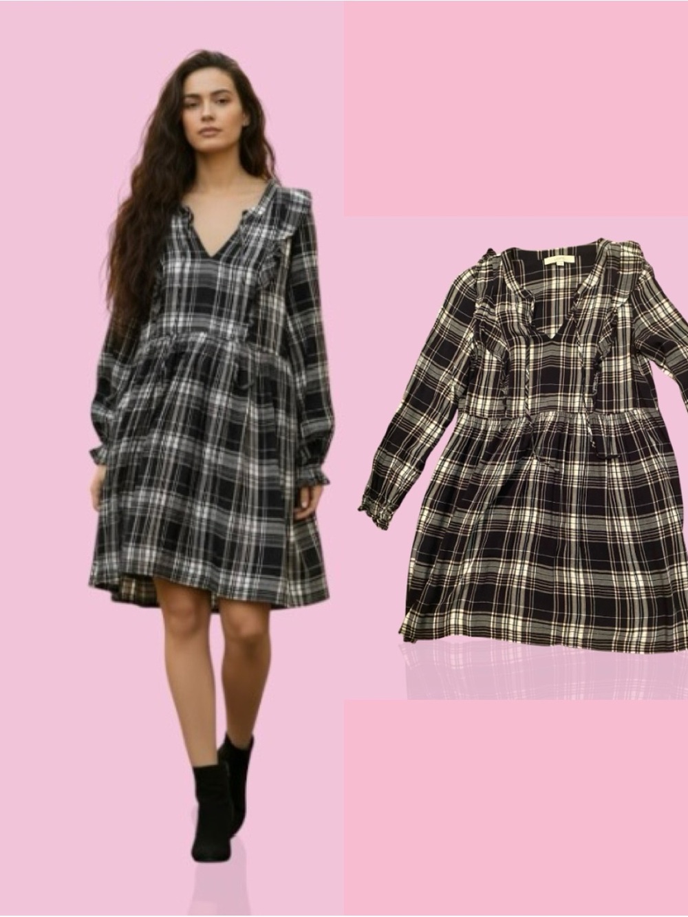 LOFT Black and White Plaid Ruffle-Yoke Dress, lightweight material